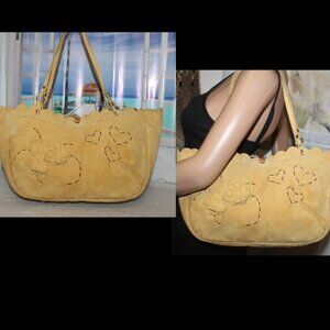 $428 Sunny Yellow SERPUI MARIE Suede Leather Applique Tote Handbag Purse